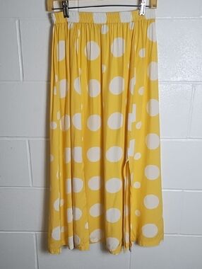 Impressions Yellow and White Polka Dot Midi Maxi Skirt Carwash Slits
